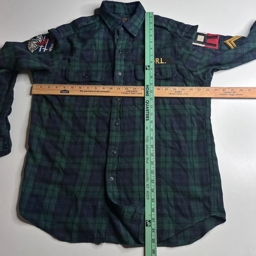 Polo Ralph Lauren Shirt Mens M Green Plaid Flannel Long Sleeve Military Patches